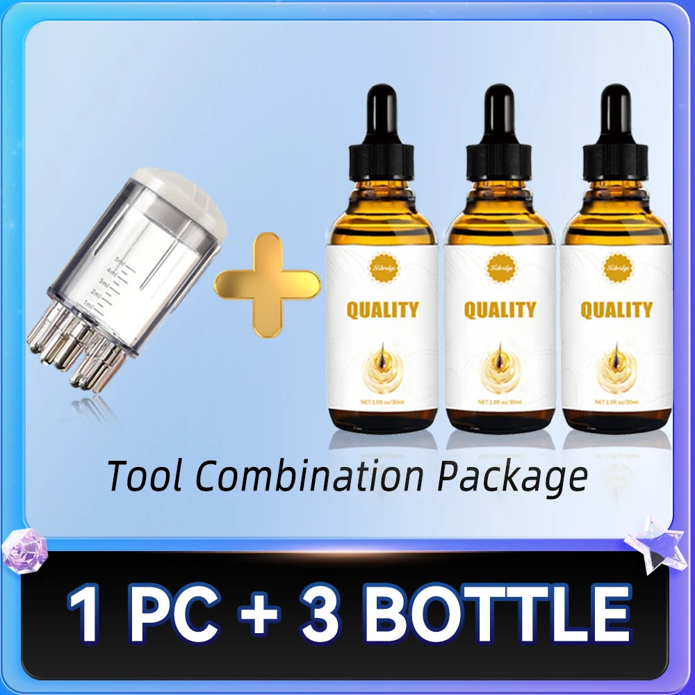 Scalp massage applicator tool with three bottles of hair root conditioner serum for hair growth and scalp care.