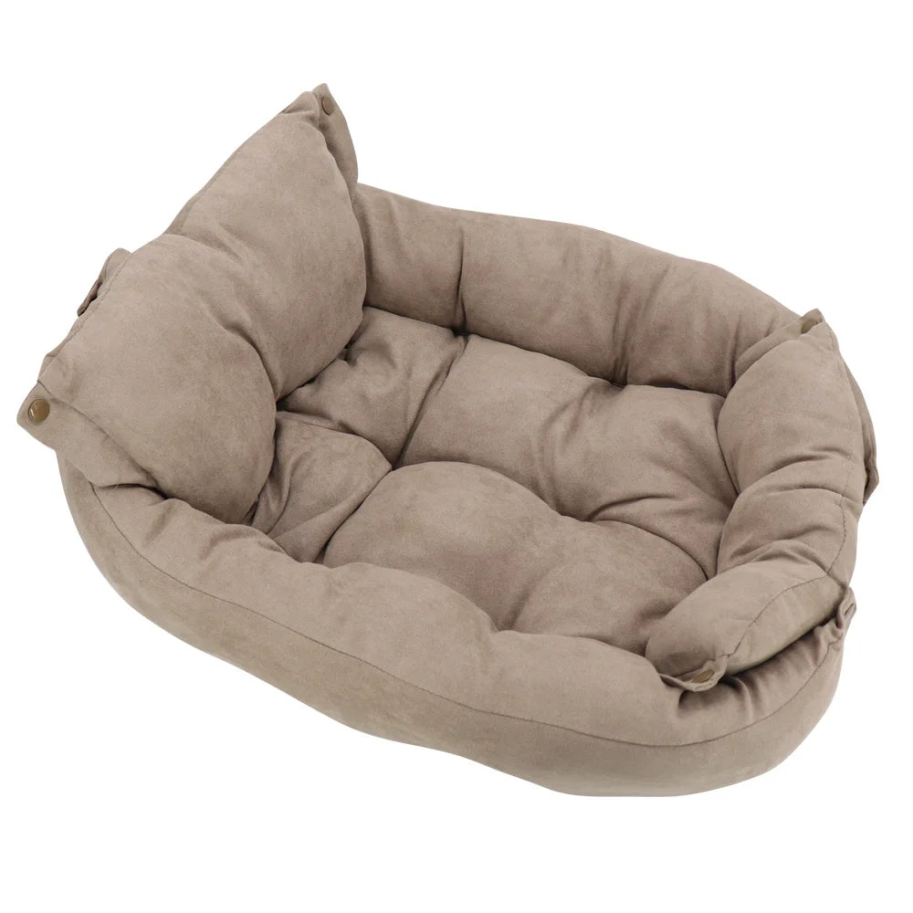 Cozy beige suede dog sofa bed, soft plush winter pet mattress for comfortable, warm sleeping for dogs and cats.