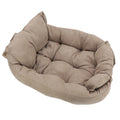 Cozy beige suede dog sofa bed, soft plush winter pet mattress for comfortable, warm sleeping for dogs and cats.