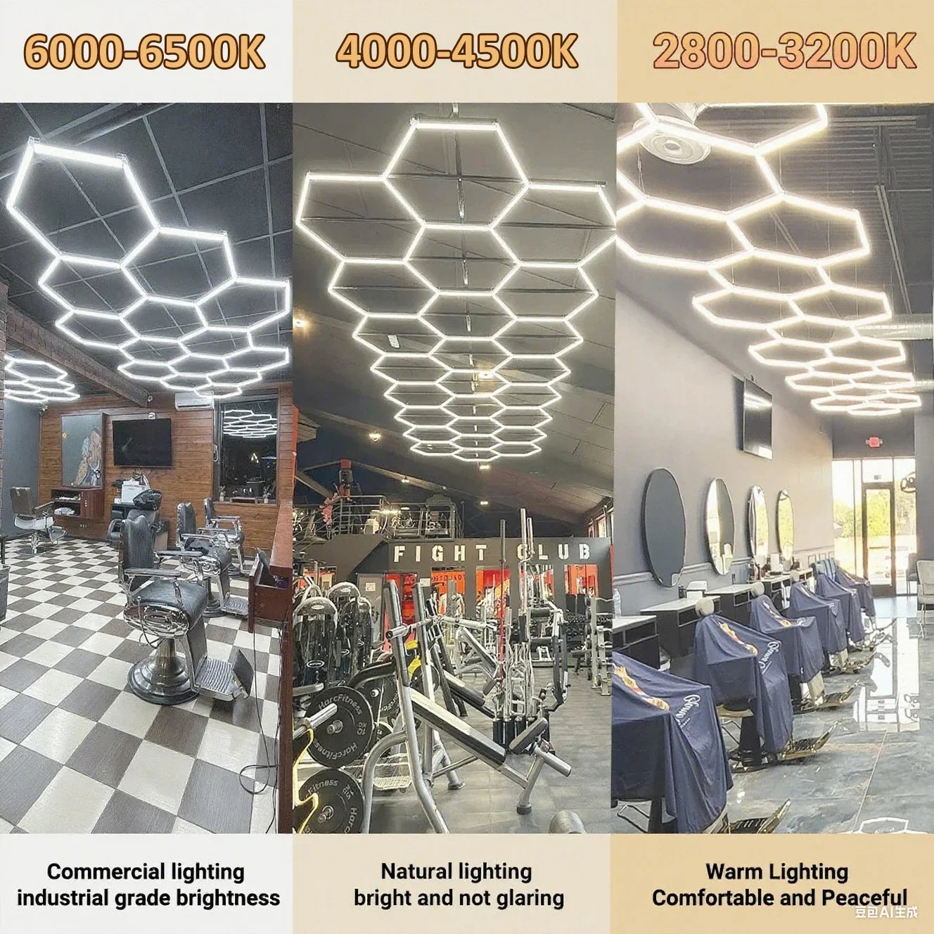 Hexagon honeycomb LED ceiling light with bright white, neutral, and warm lighting effects