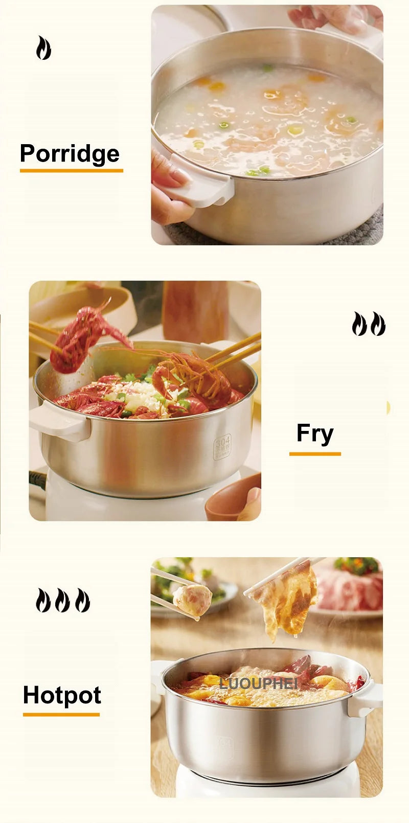 Stainless electric hot pot with lid, showing simmering porridge, frying, and hotpot.