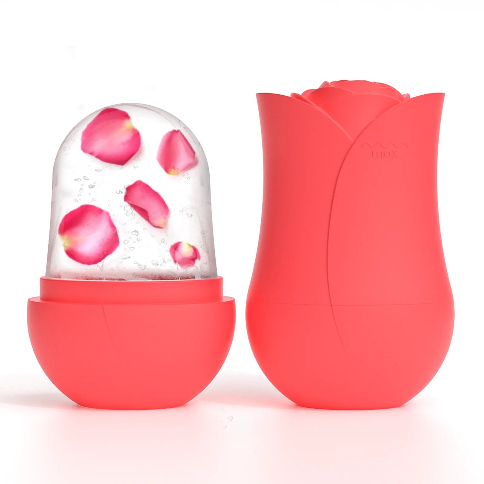 Rose-shaped pink silicone ice roller with a removable lid, next to a dome of ice containing pink flower petals.