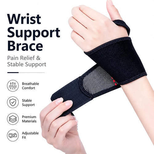 Adjustable black neoprene wrist support brace for orthopedic pain relief and compression therapy.