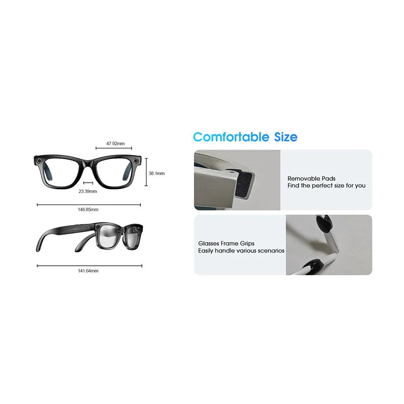 Black glasses with dimensions shown, plus removable foam pads and black temple grips to improve fit and comfort.