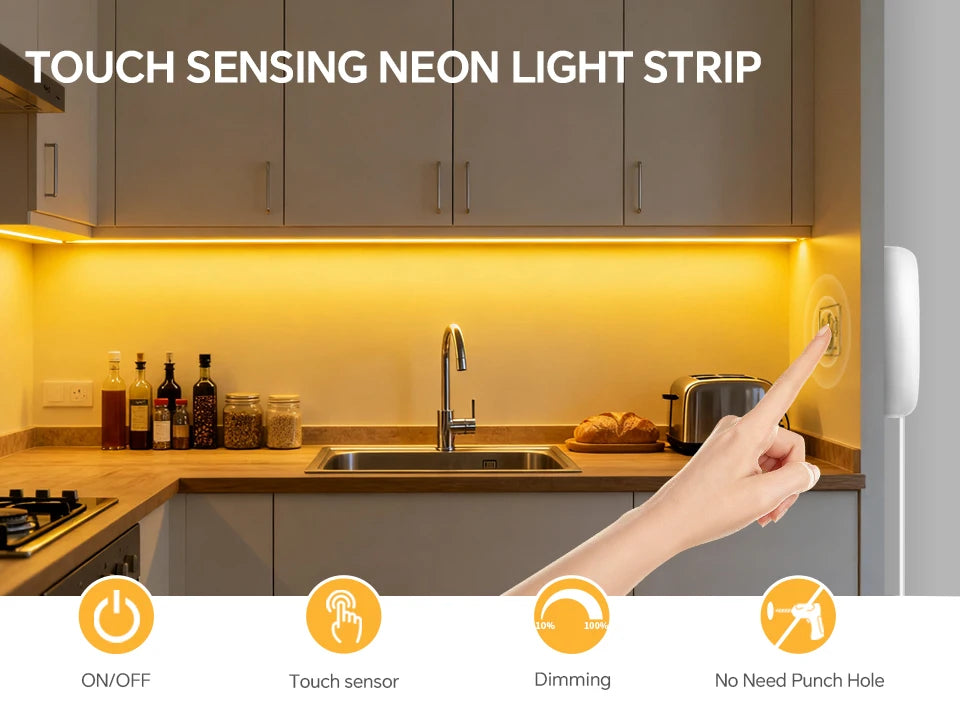 24V COB LED Neon Light Strip No Dark Spot Waterproof  Flexible Silicone Rope Light With Touch Dimmer Switch For Home Wall Decor