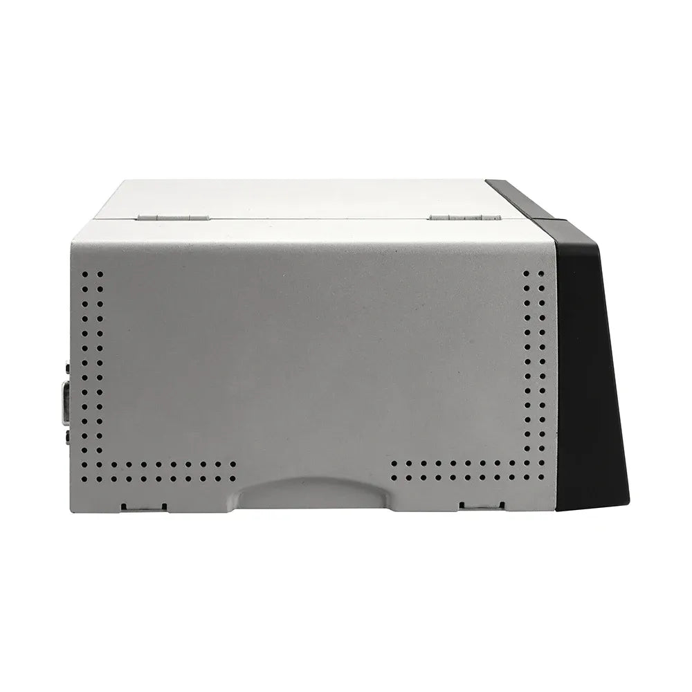 Industrial thermal label barcode printer side view with vent holes and black end panel