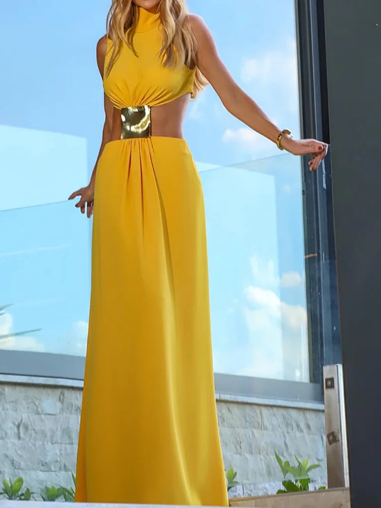 Solid Patchwork Hollow Out Fashion Maxi Dress, Women Summer Sleeveless Simple Party Dress, 2025 New Turtleneck Sexy Ladies Dress