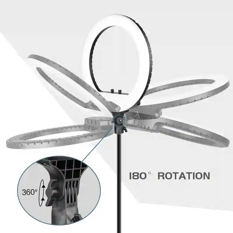 Black circular LED ring light on a stand, showing 180-degree vertical and 360-degree rotation for photography.