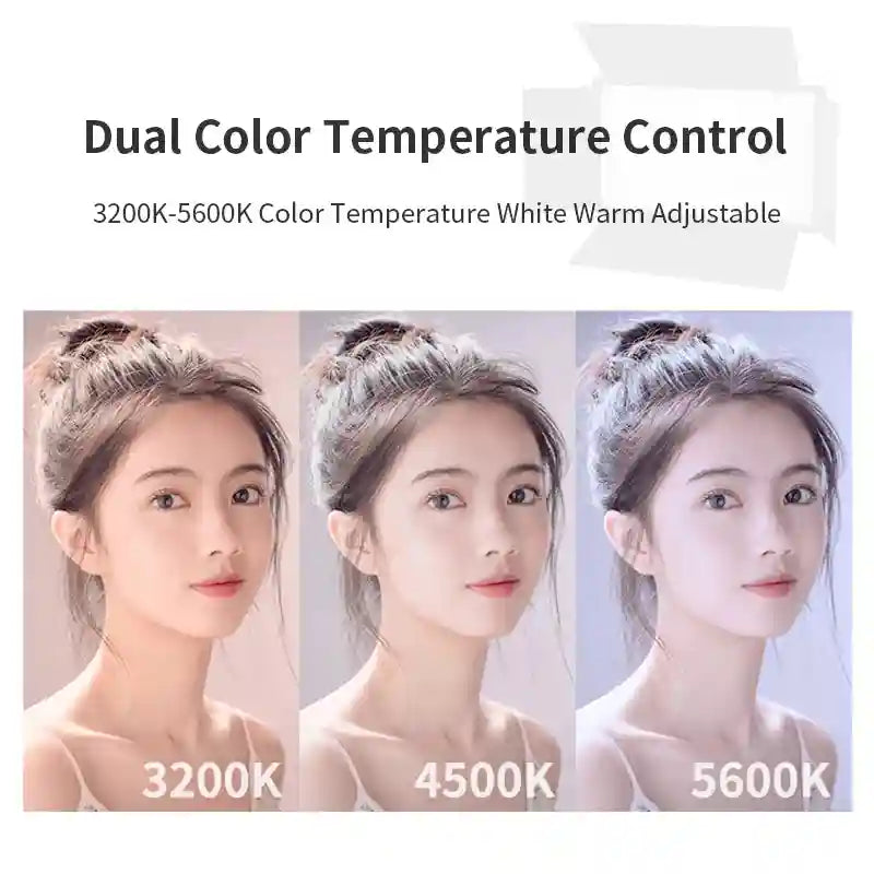 Adjustable LED light panel showing portrait photography color temperatures ranging from warm 3200K to cool 5600K.