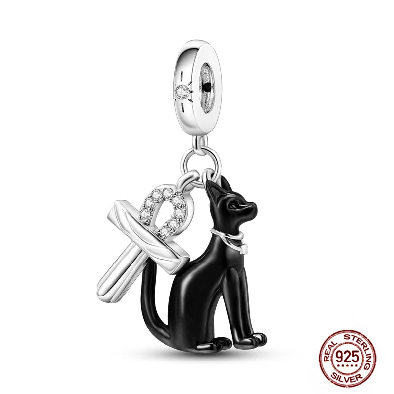 Black cat charm in 925 sterling silver with ankh pendant for DIY bracelets. Perfect pet lover jewelry gift.