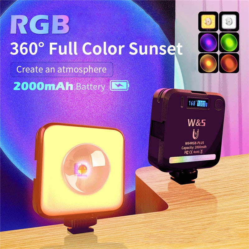 Square RGB LED video light with a built-in battery and digital display, used for colorful ambient lighting.