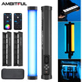 RGB LED light wand with honeycomb grid, carrying case, and app control interface for adjustable photography lighting.