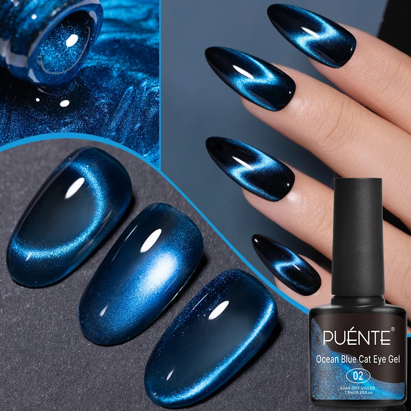 Ocean blue cat eye gel polish in a 7.5ml bottle with samples of long almond-shaped nails featuring a metallic shimmer.