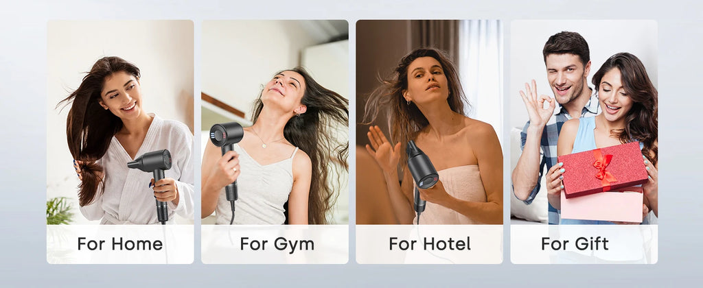 Black high-speed ionic hair dryer for home, gym, travel, and gifting. Compact, powerful styling tool with attachments.