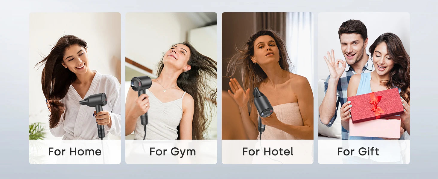 Black high-speed ionic hair dryer for home, gym, travel, and gifting. Compact, powerful styling tool with attachments.