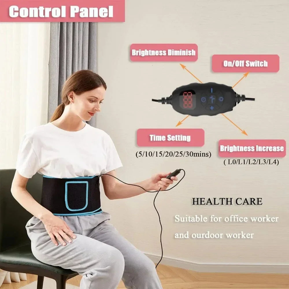 Woman using red and infrared LED light therapy belt with digital control panel for back pain relief and fat loss.