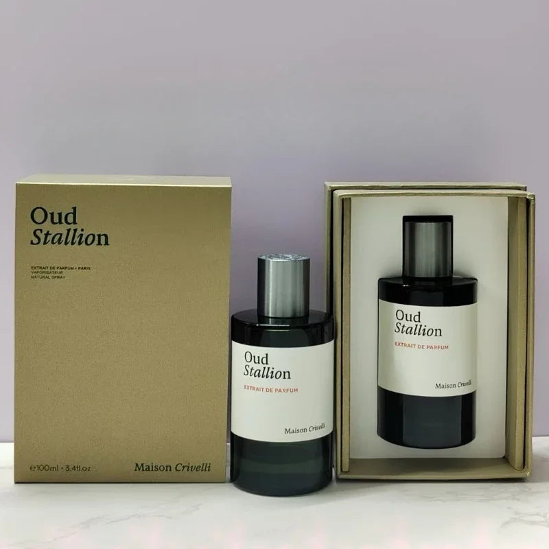 Maison Crivelli Oud Stallion unisex Extrait de Parfum 100ml. Luxury black cylindrical bottle with gold presentation box.
