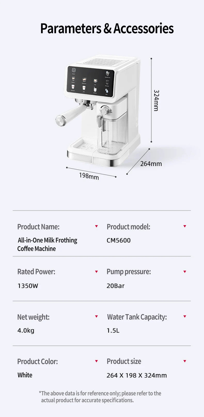 White CM5600 20-bar espresso machine with 1.5L water tank and milk frother, shown with dimensions and specifications.
