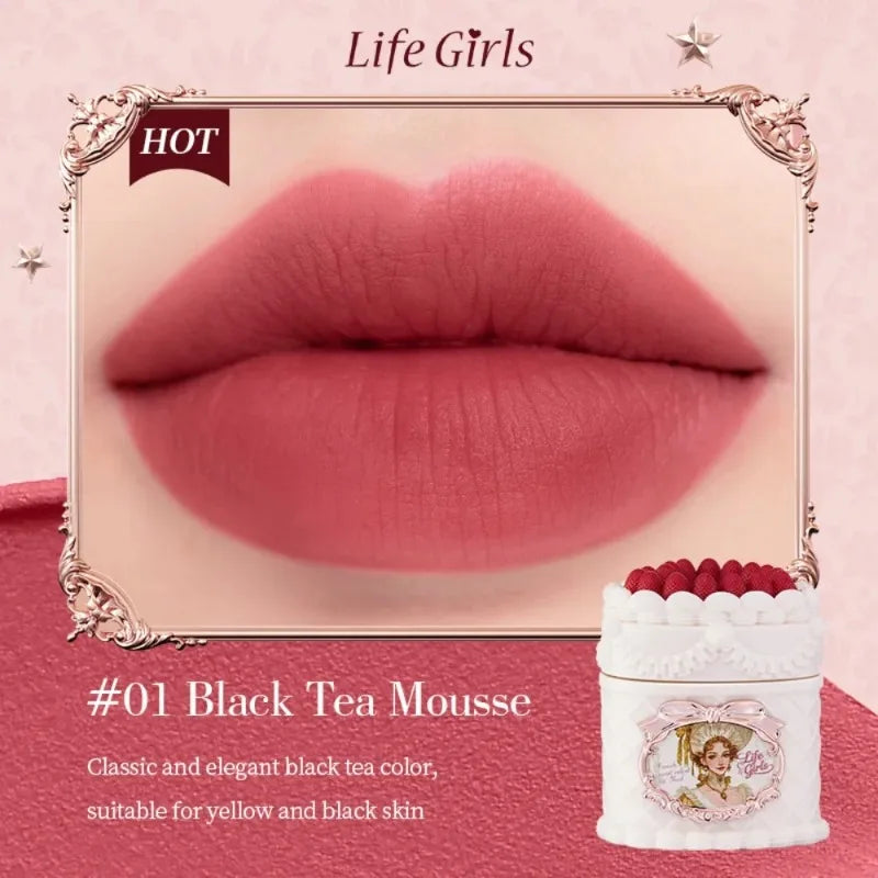 Vintage matte mousse lip mud in #01 Black Tea, a highly pigmented soft-focus strawberry pink lip makeup shade.