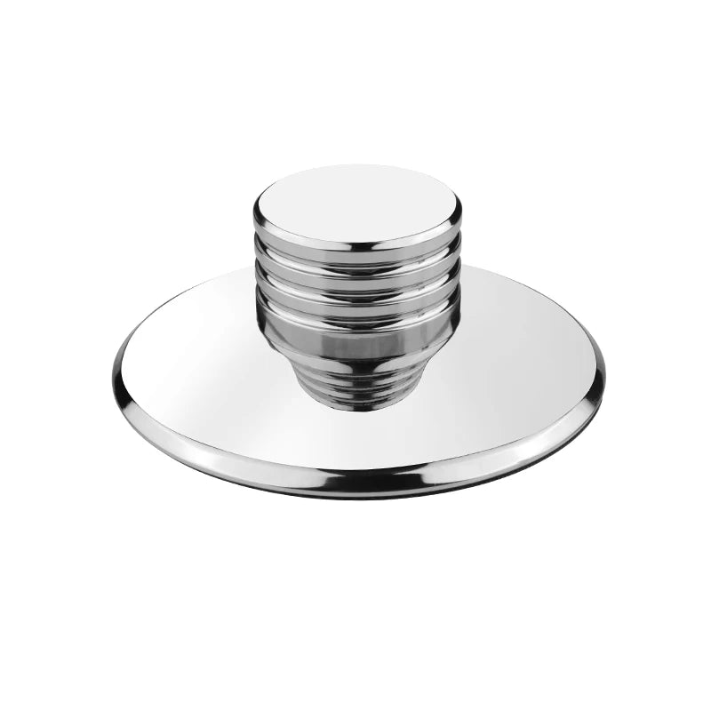 Silver LP record weight clamp with smooth round base, stacked stainless