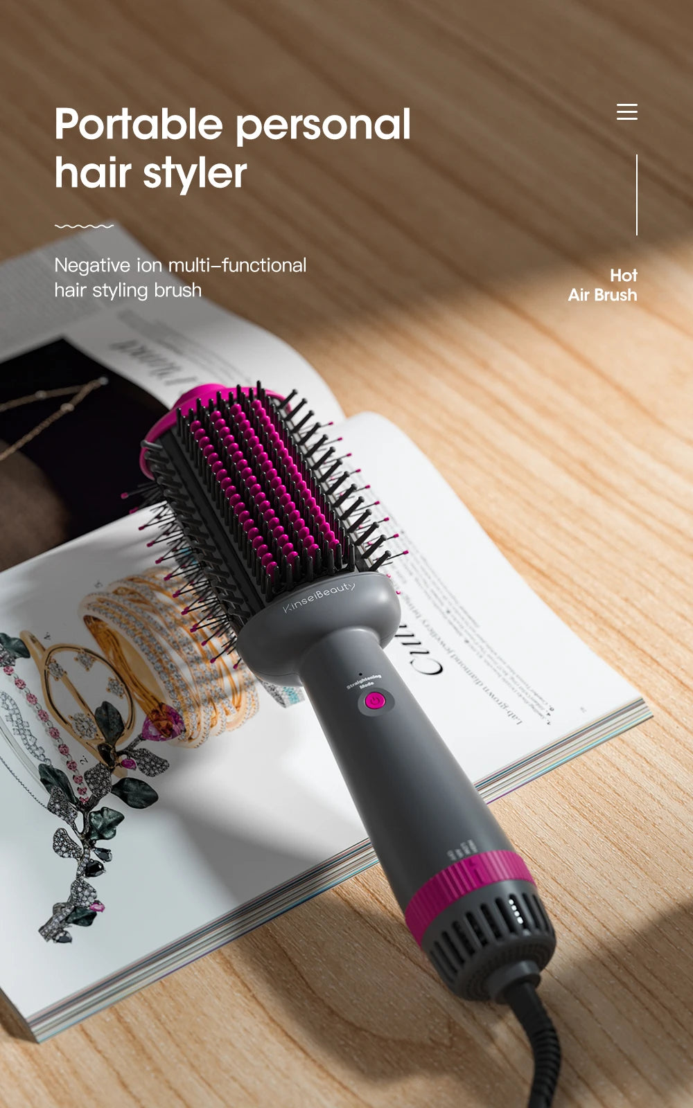 Kinseibeauty 3-speed hot air brush, negative ion hair dryer, and volumizing styling tool in grey with pink accents.