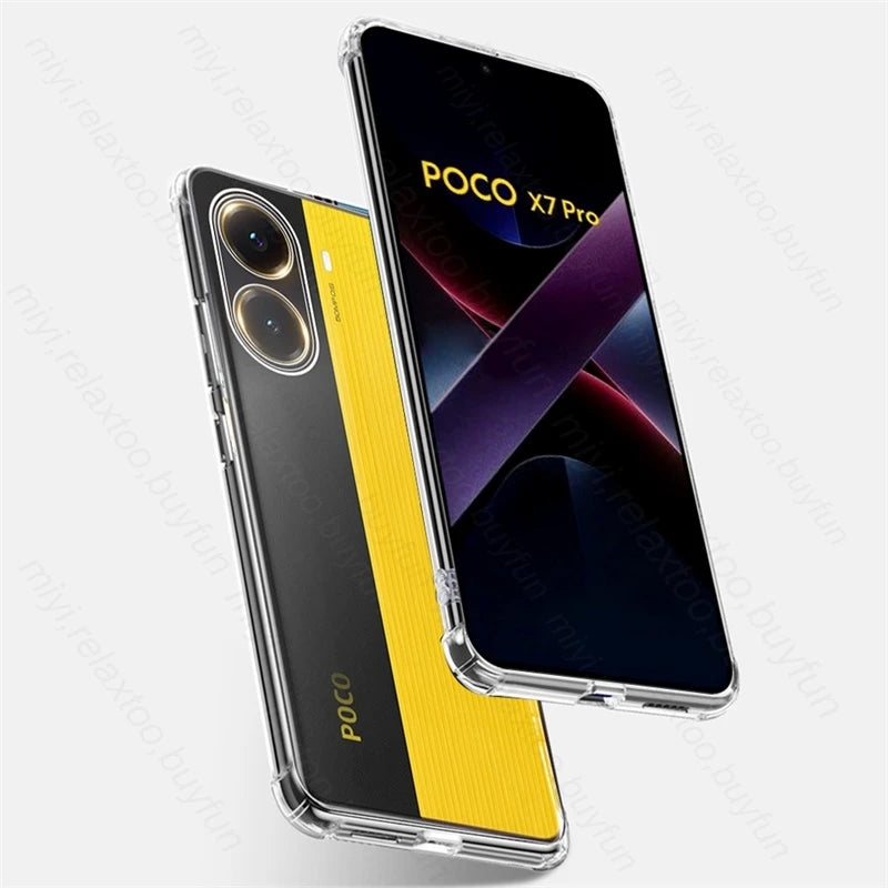 Clear, flexible silicone protective case on a black and yellow Poco X7 Pro smartphone.