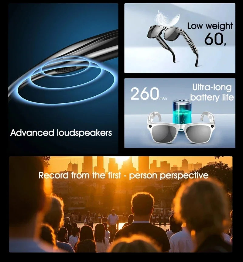 Smart Glasses with AI Camera and Voice Assistant - Black & White Tidesmit