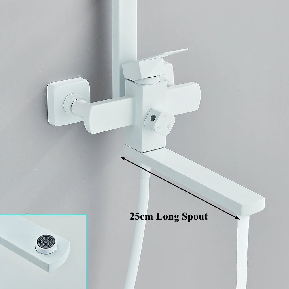 White Bathroom Shower Faucet Set Long Spout Rotation 3 Function Rainfall Headshower With Shelf Hot Cold Shower Mixer Tap System