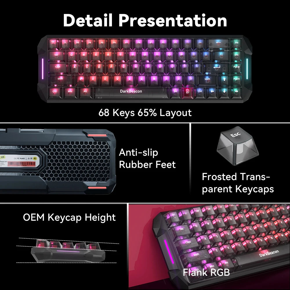 DarkBeacon 65% Gaming Keyboard 68 Keys Mechanical Keyboard LED Backlit Wired Keyboard with Red Switch for Windows Mac PS4 Gamer