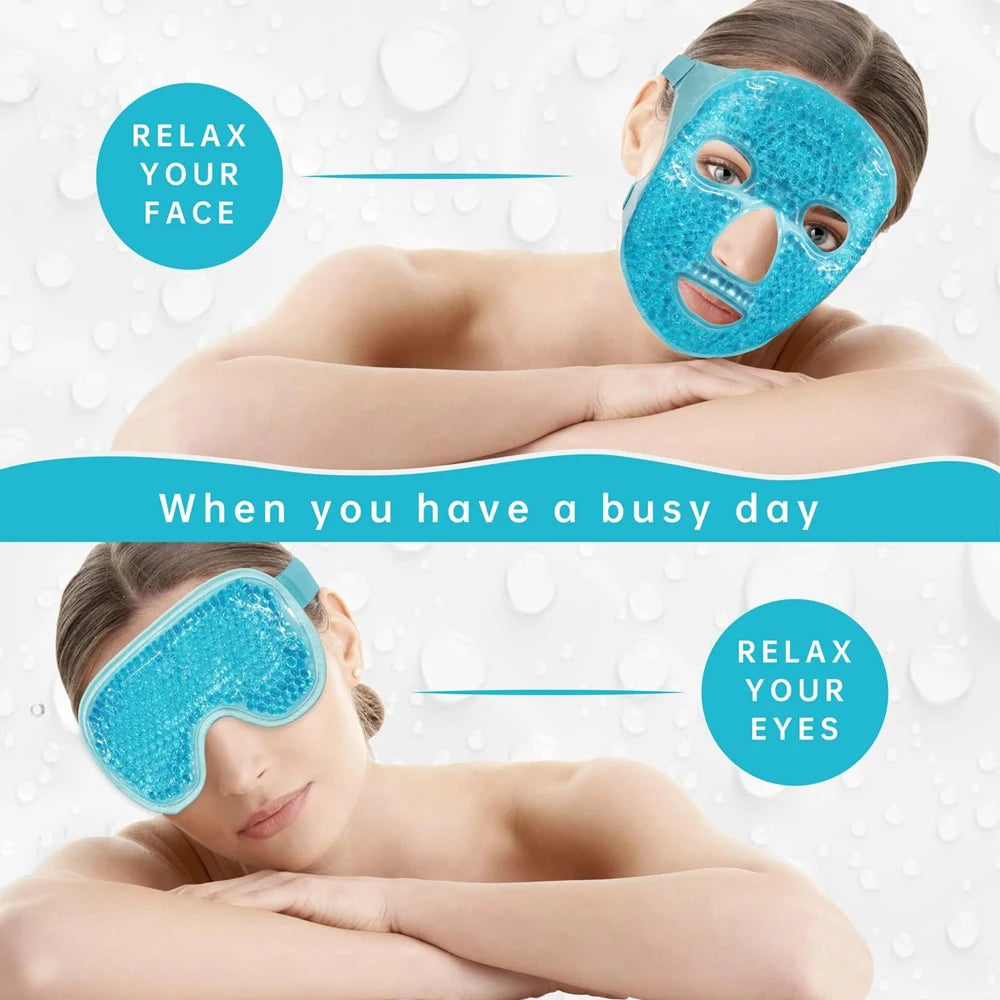 Blue gel bead face mask and eye mask for hot or cold therapy on women against a water-droplet background.