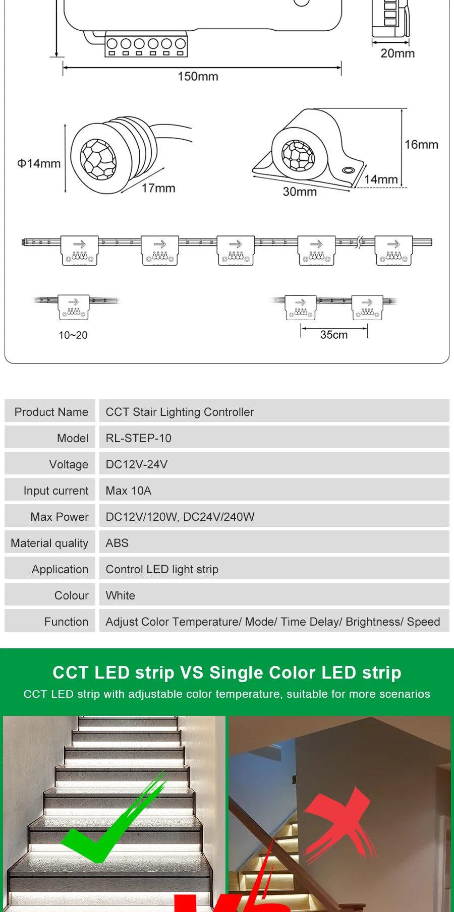 CCT 2700K-6500K Dimmable LED Stair Light Motion Sensor Stair Lighting 1-20 Steps CCT COB Strip Kit For Indoor Stair Light