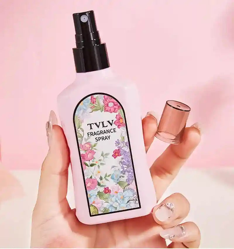 TVLV Jasmine long-lasting floral fragrance spray for women in a rectangular pink bottle with floral label design.