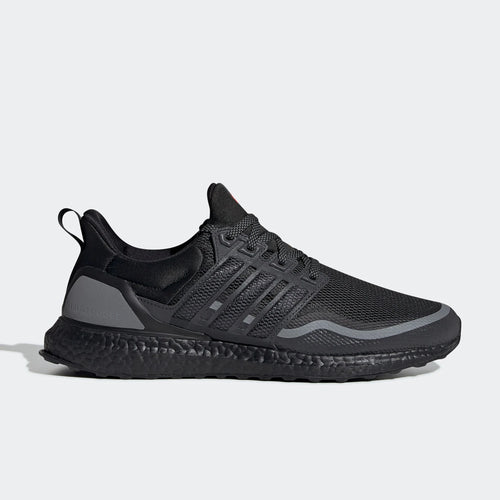 Adidas UltraBOOST black sneakers with mesh upper, 3-stripe cage, and signature BOOST midsole for running. EG8105.