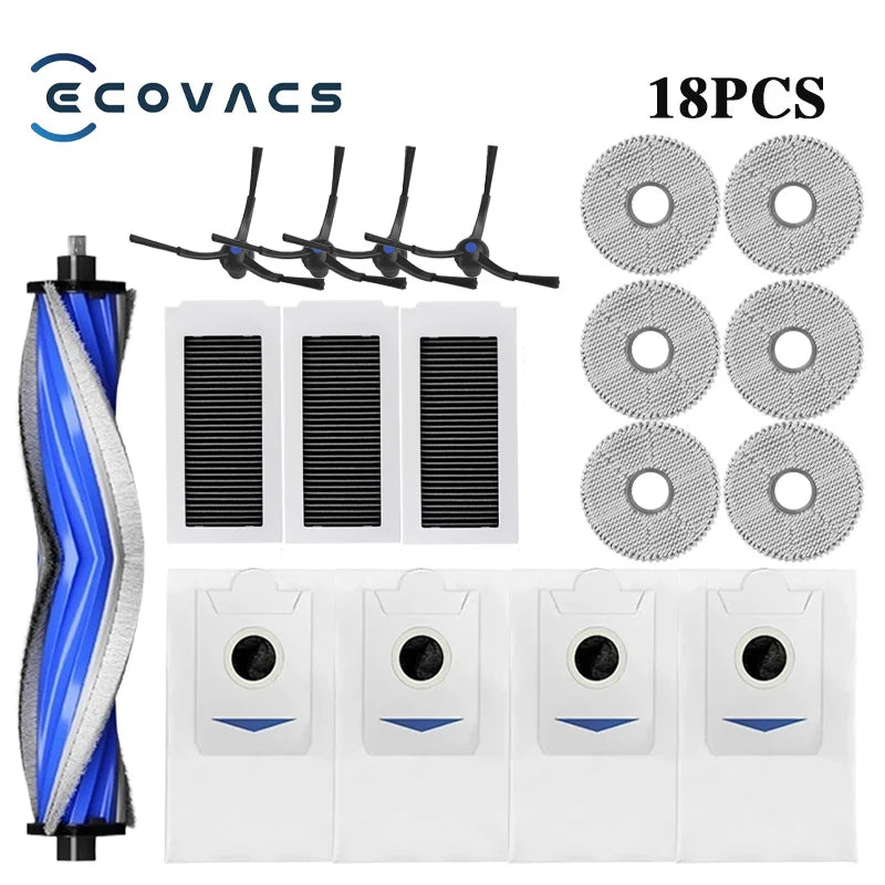 Tidesmit replacement parts set for Ecovacs X5 OMNI including dust bags, main brush, side brushes, filters, and mop pads.