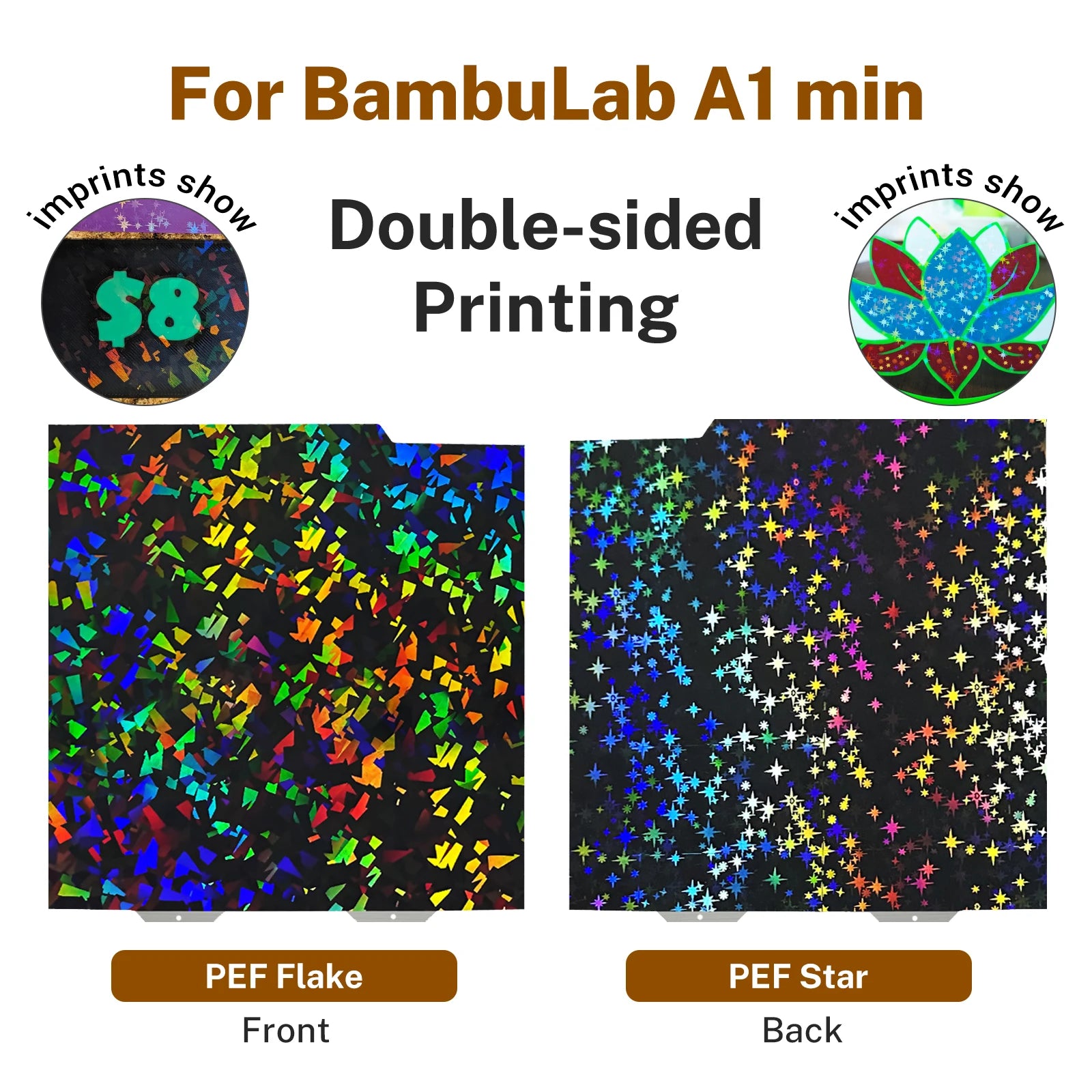 Double-sided 184x184mm PEI/PET build plate for Bambu Lab A1 Mini with holographic flake and star patterns for 3D printing.