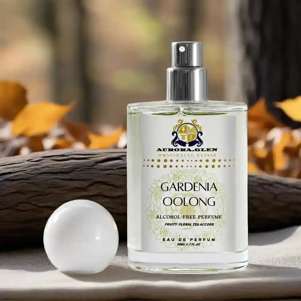 Aurora.Glen Gardenia Oolong EDP, unisex floral tea perfume, 20% oil in a sleek glass bottle with a white sphere cap.