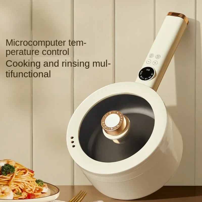 White electric cooking pot with round control dial and black non-stick inner basin