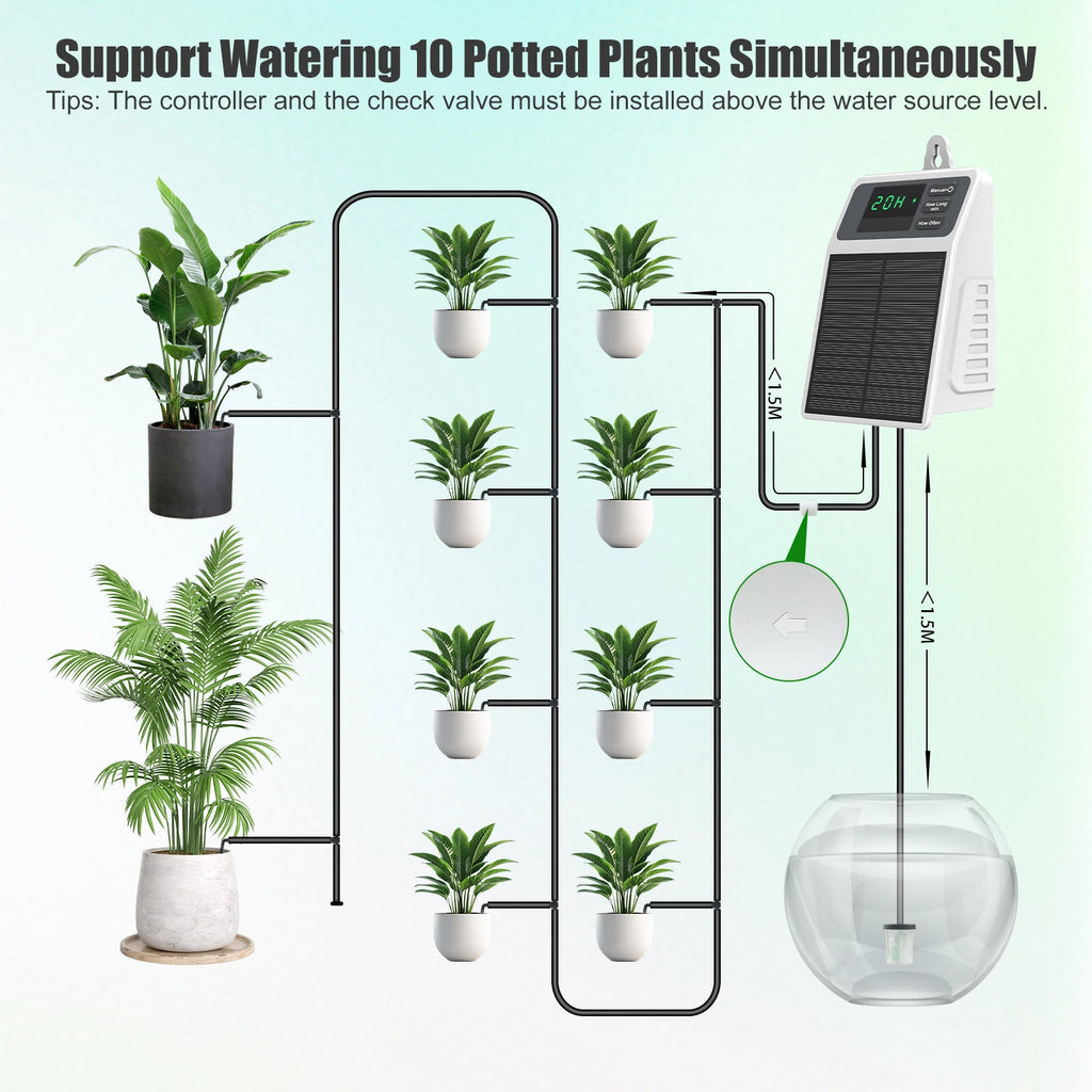 Multi-pot drip irrigation setup diagram with solar controller and inlet/drip tubing