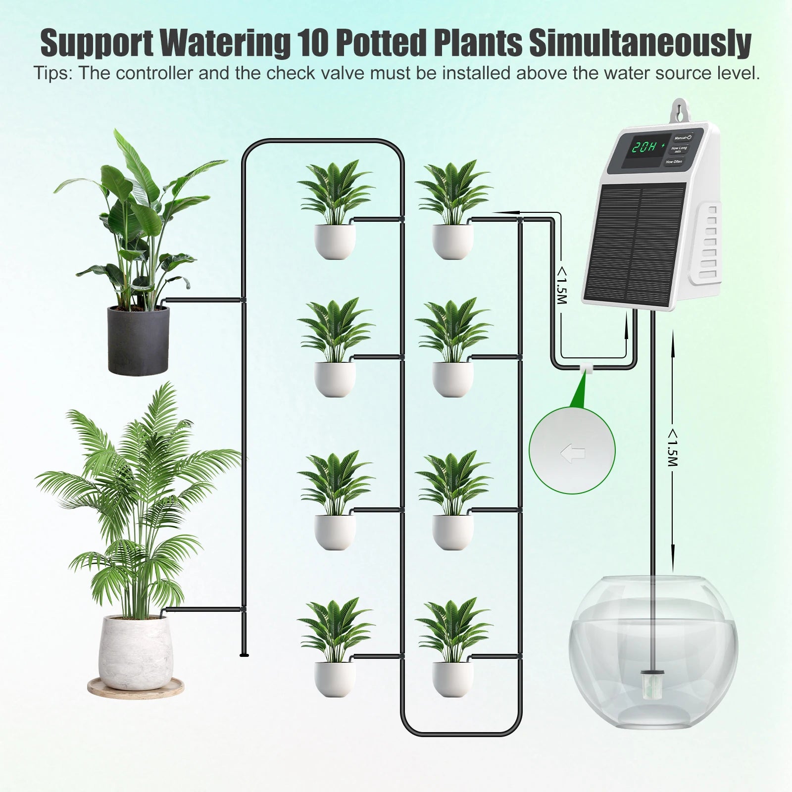 Multi-pot drip irrigation setup diagram with solar controller and inlet/drip tubing