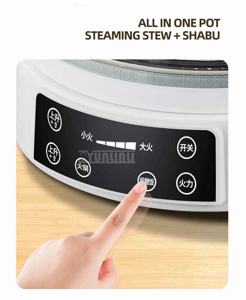 Electric rice cooker control panel close-up with finger pressing power and mode buttons.