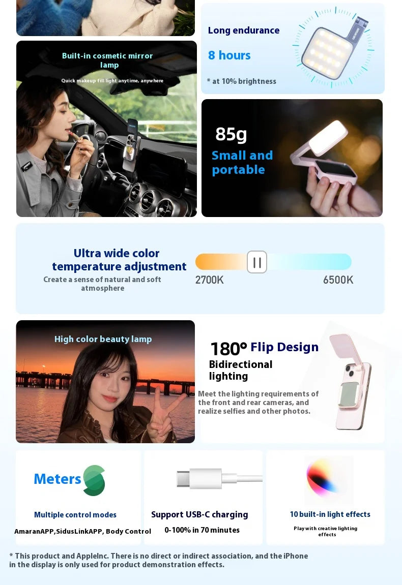 Portable light for phones with a 180-degree flip design, adjustable color temperature, and USB-C charging.