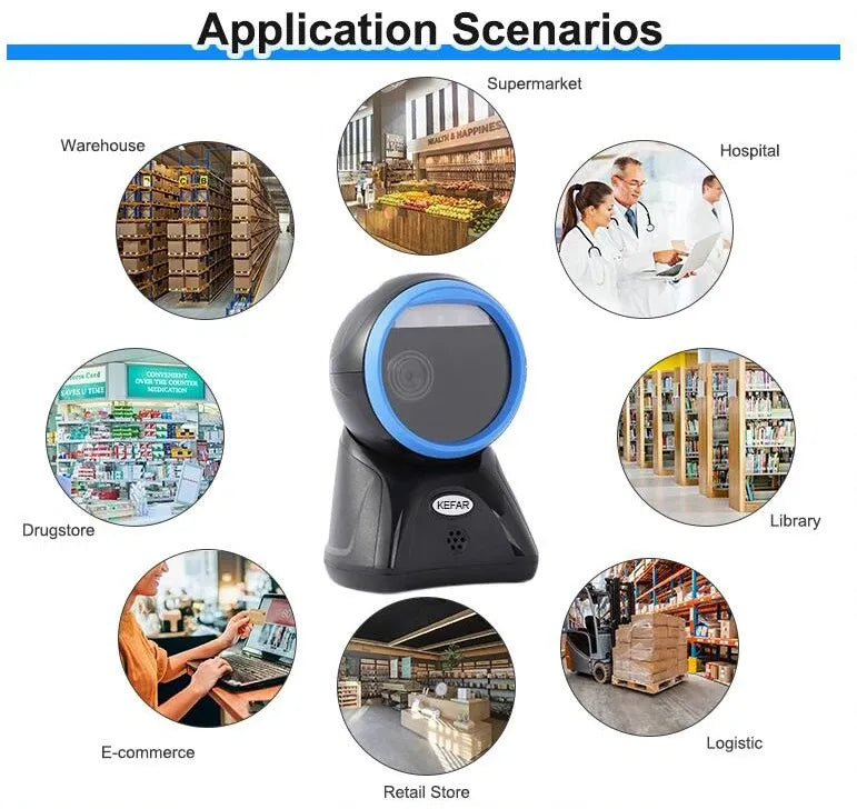Black desktop omnidirectional 2D barcode scanner with blue scanning ring