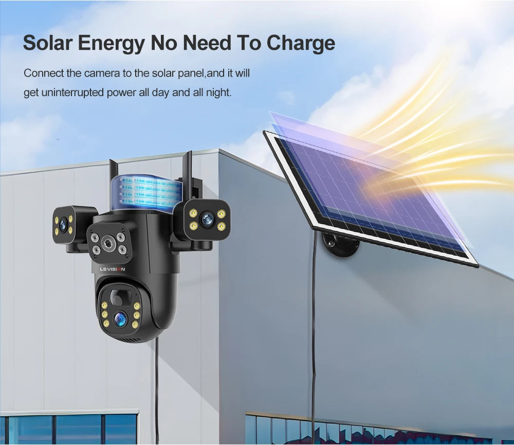 LS VISION 4G / WiFi Solar Camera 3Lenses Outdoor 15MP 4K Low Power Battery IP Camera PIR Night Vision V380 Pro CCTV Security