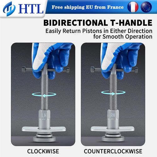 Bidirectional T-handle brake piston tool for clockwise and counterclockwise rewind