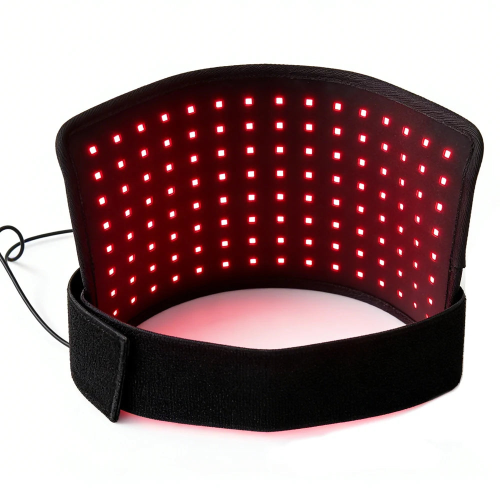 120 LED red light therapy waist belt for back pain relief, weight loss, and body shaping, with 660nm and 850nm lights.