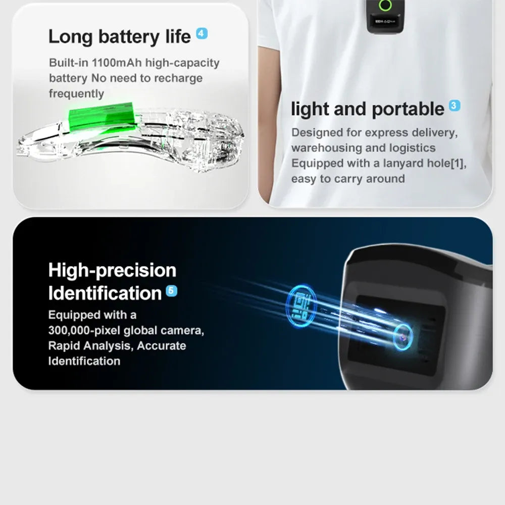 Black handheld barcode scanner with green indicator light and illuminated scanning window.