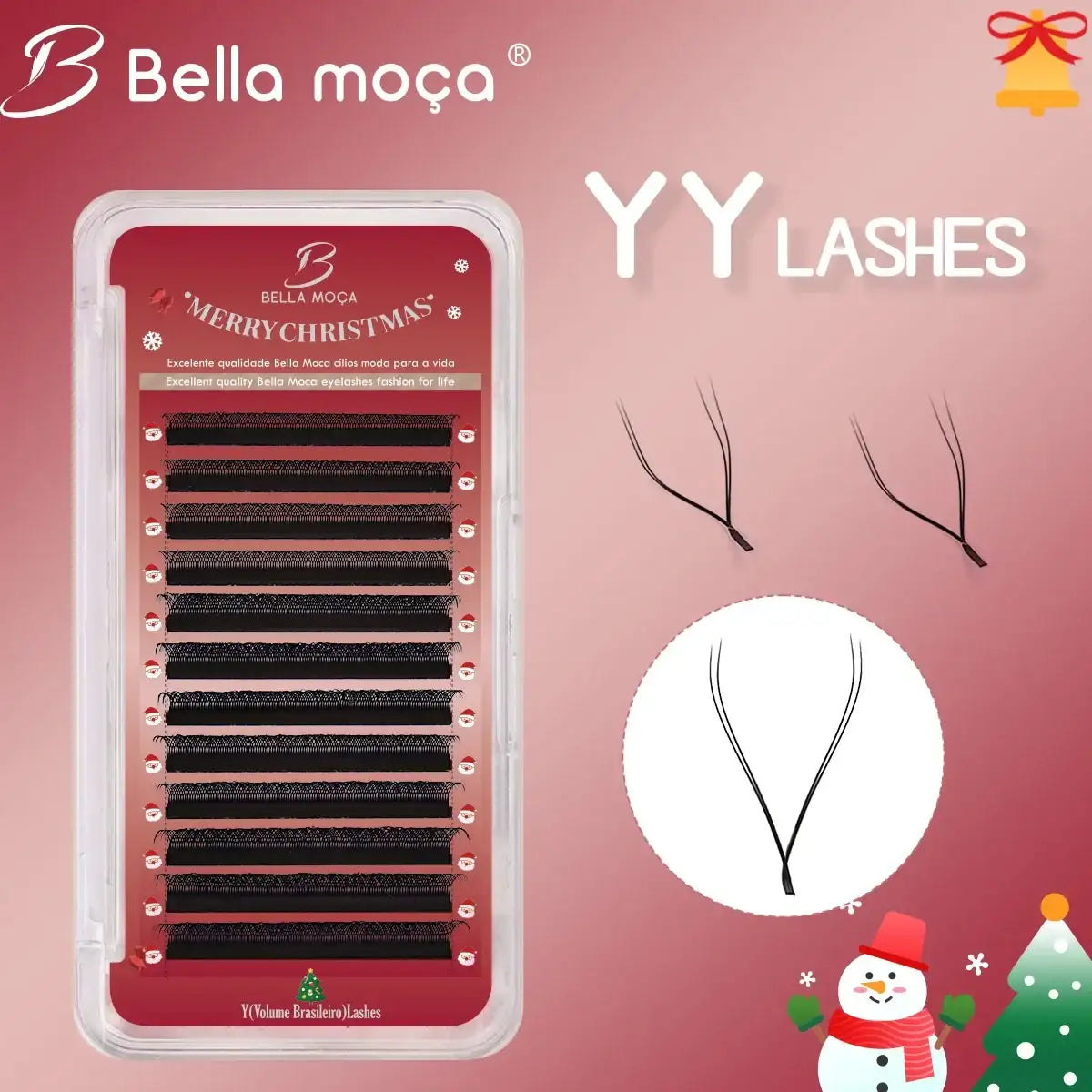 Tray of black 0.07mm soft silk YY volume lashes in Christmas-themed packaging with close-up of Y-shape lash fans.