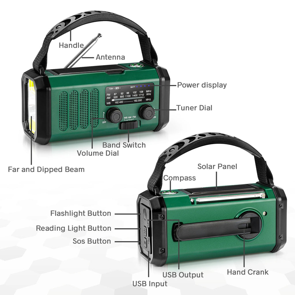 Woopker Radio XSY-330 10000mAh FM Emergency Radio Solar Hand Crank Generator AM/FM/NOAA LED Portable Radio SOS Alarm Power Bank