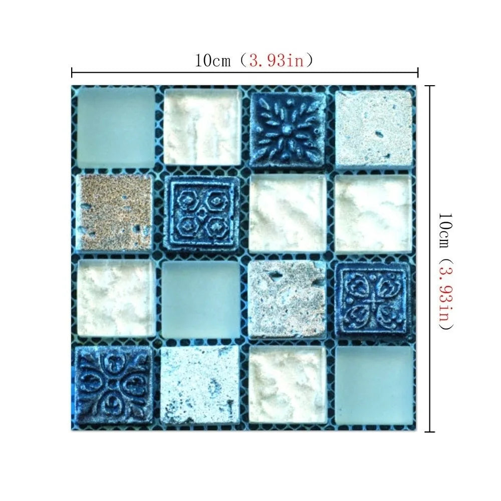 Set of self-adhesive 3D mosaic tile wall stickers in blue embossed squares