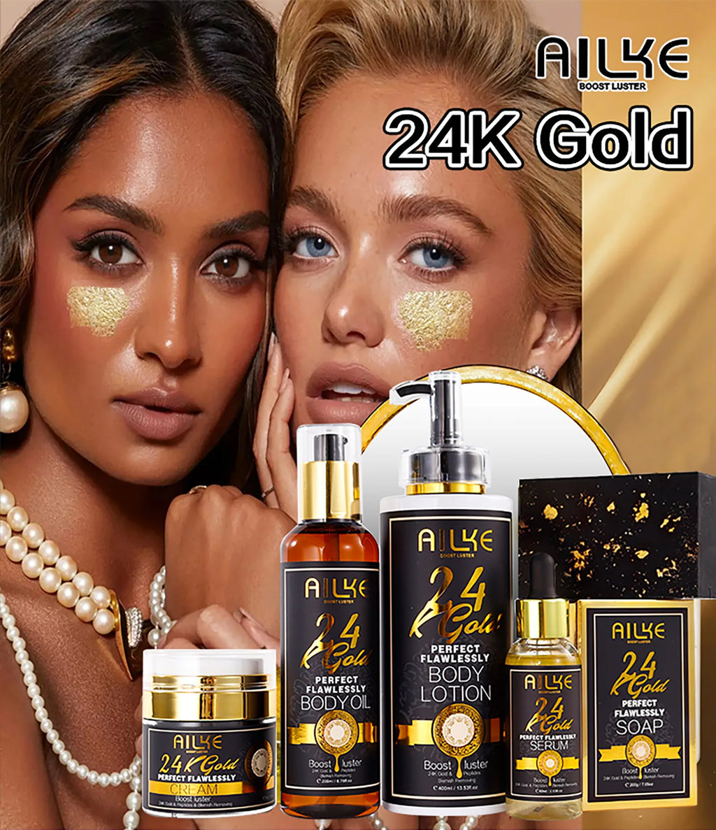 AILKE 24k Gold Flawlessly Whitening Skin Care Set For All Skin Type, Moisturizer, Reduce Black Spots, Smoothing, Brightening